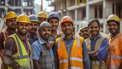 group-construction-workers-wearing-hard-hats-safety-vests-are-posing-photo-they-are-smiling-looking-camera A group of construction workers wearing hard hats and safety vests are posing for a photo. They are smiling and looking at the camera.